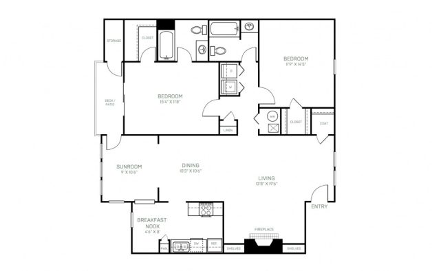 floor plan of a two bedroom apartment at The  Hargrove at Southpoint